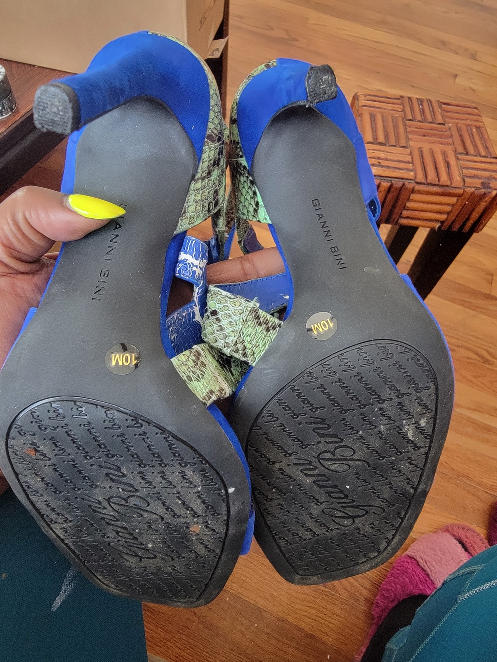 Gianni Bini Blue Suede Sandals with Green Snake-Print Straps - Picture 3 of 6